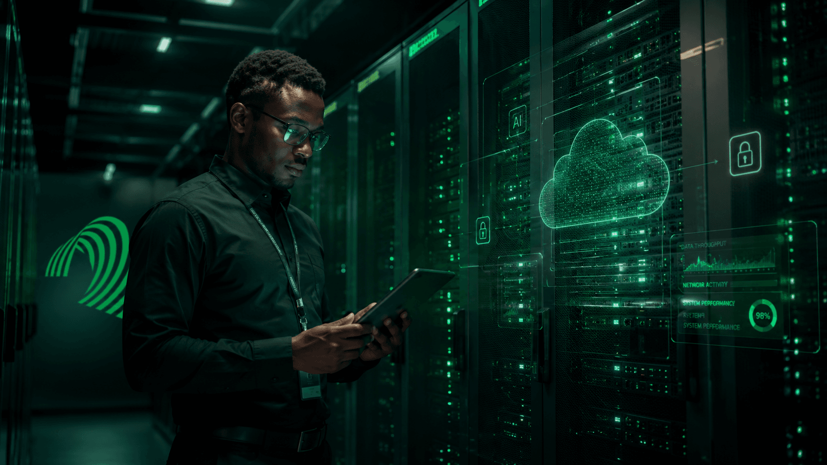A technology professional monitoring cloud infrastructure in a server environment.