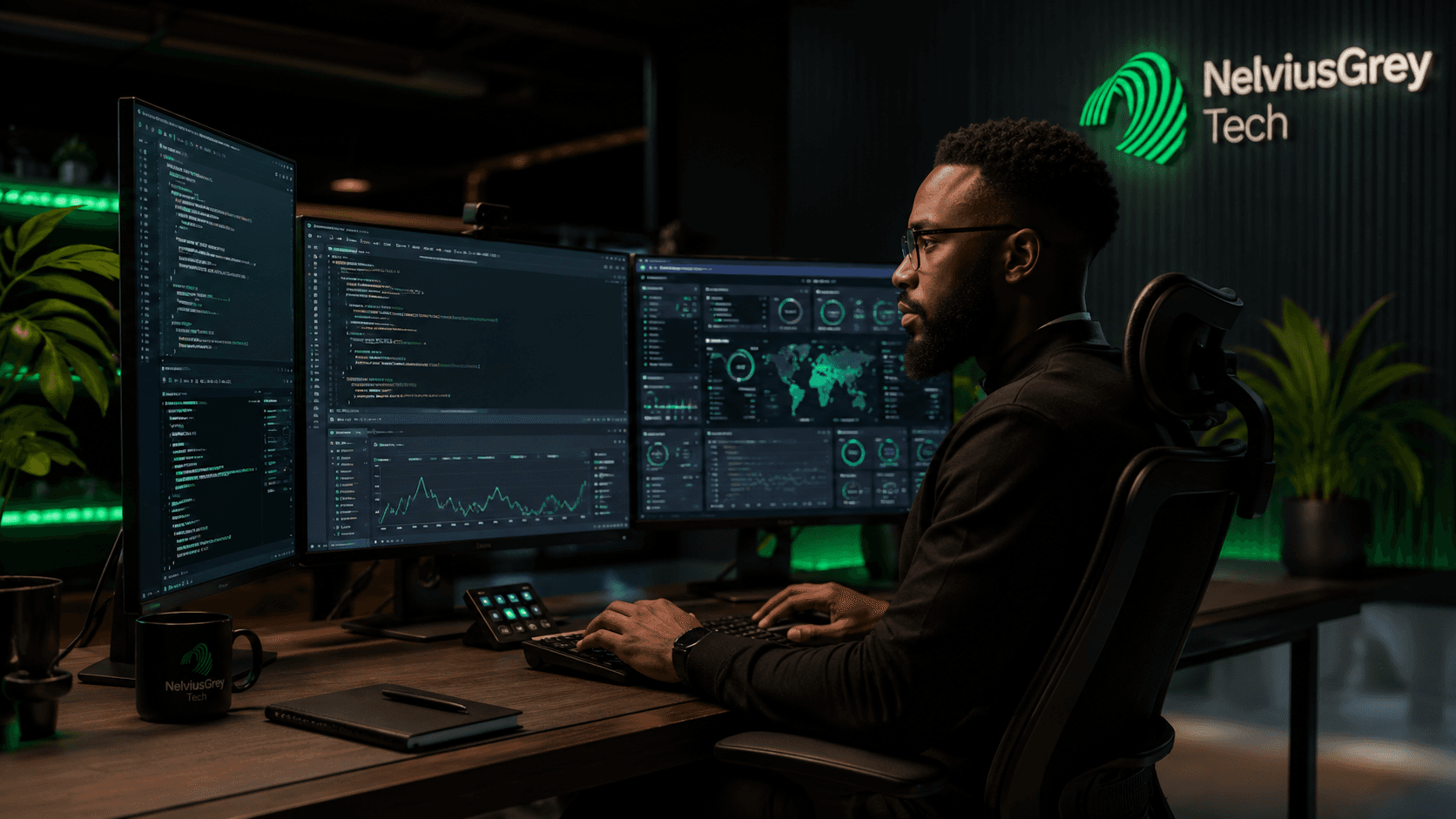 A software professional working across code and data-monitoring screens.