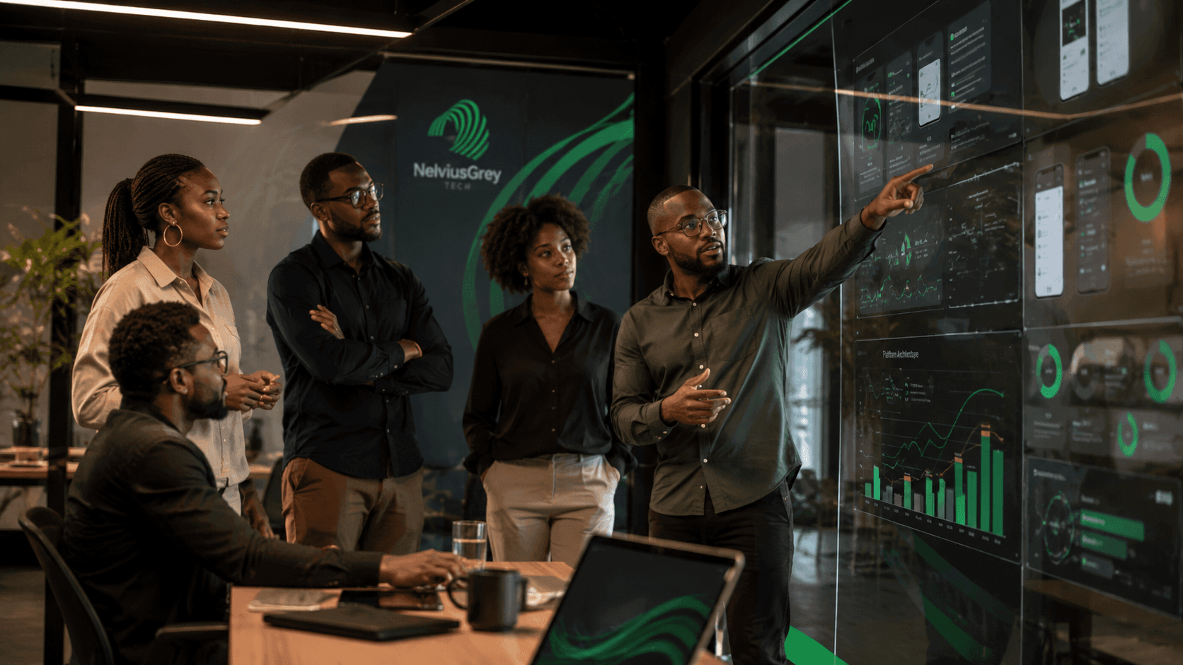 A product group reviewing dashboards and interface flows on a large display.