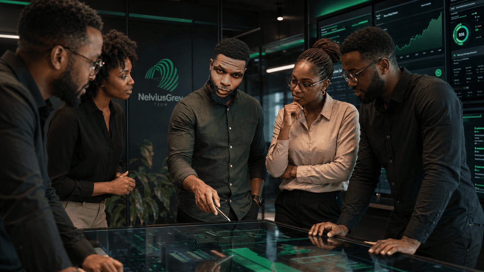 A multidisciplinary group reviewing a digital system around an interactive table.
