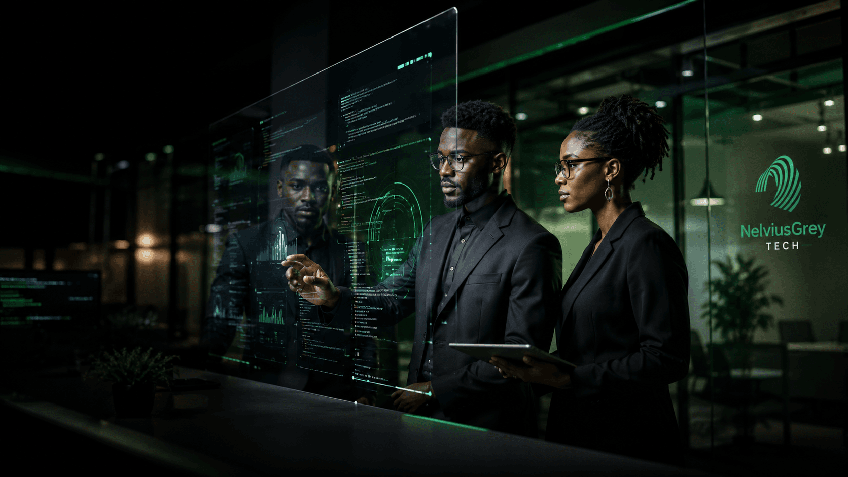 Technology professionals reviewing a secure digital system in a dark workspace.