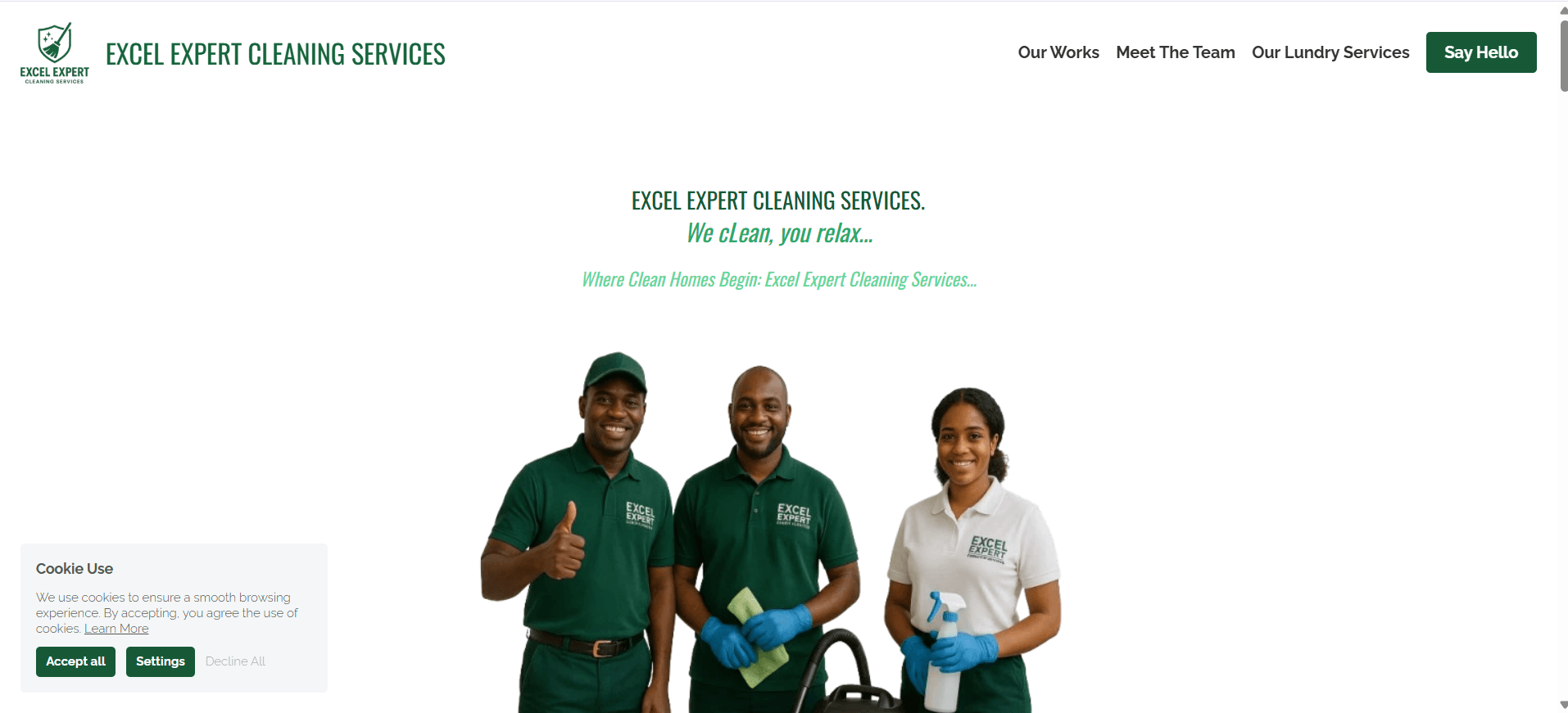 Excel Expert Cleaning Services editorial homepage with team and cookie controls