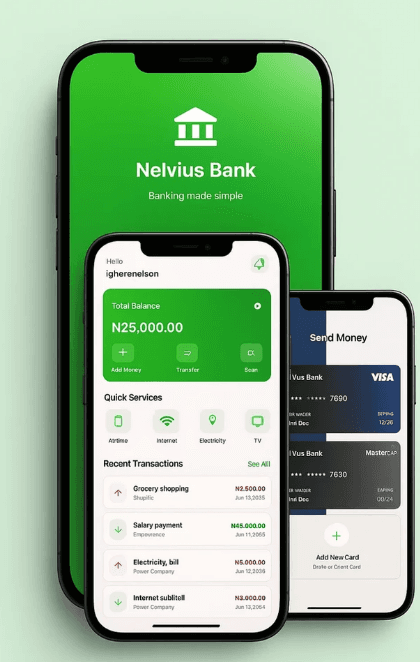 Nelvius Bank dashboard and cards experience