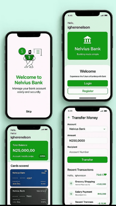 Nelvius Bank onboarding, dashboard, and transfer screens