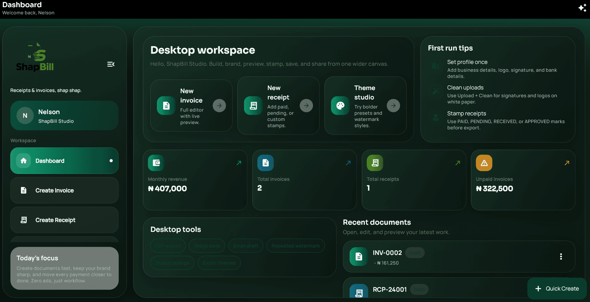 ShapBill desktop workspace dashboard